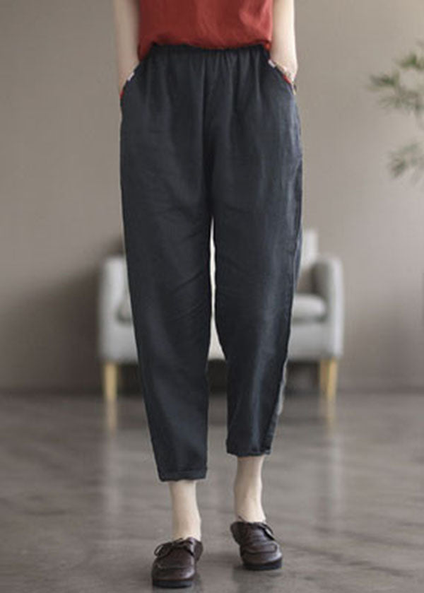 Black Pockets Linen Crop Pants Summer