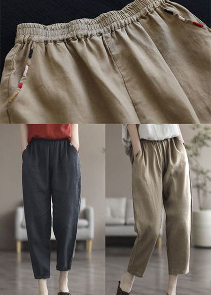 Black Pockets Linen Crop Pants Summer