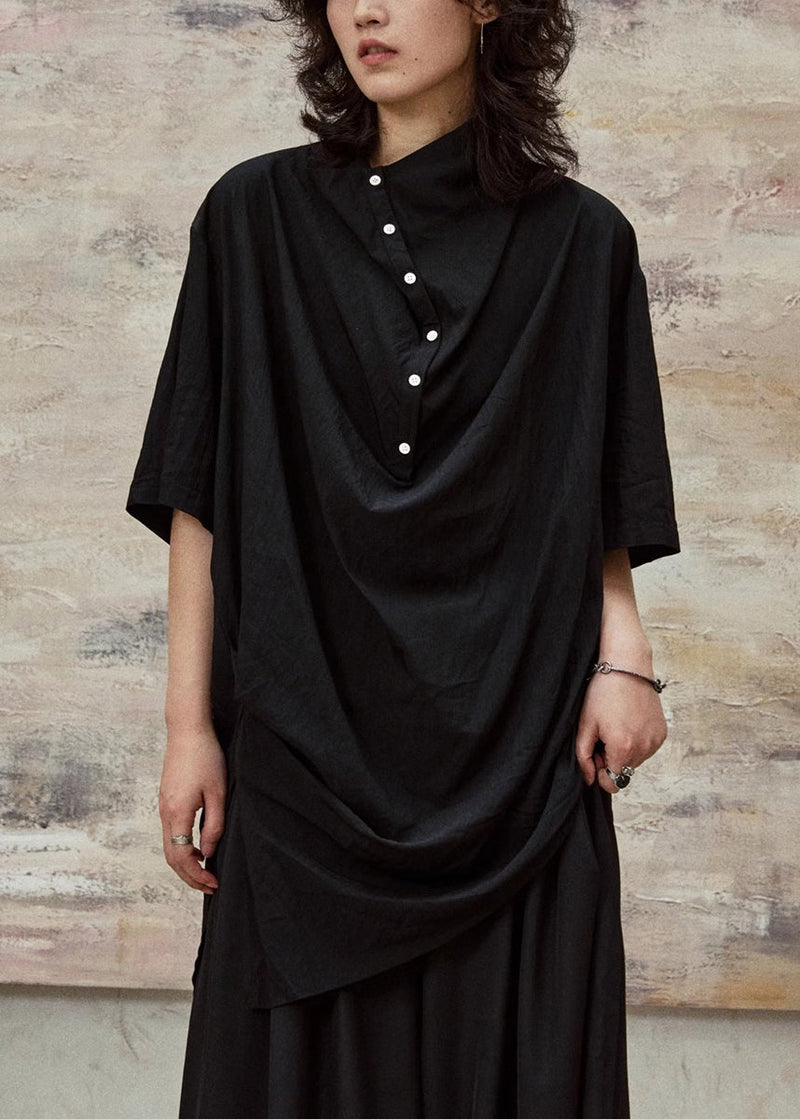 Black Stand Collar Button Cotton Blouses Half Sleeve