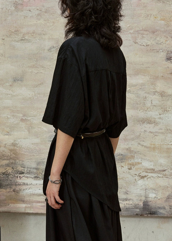 Black Stand Collar Button Cotton Blouses Half Sleeve