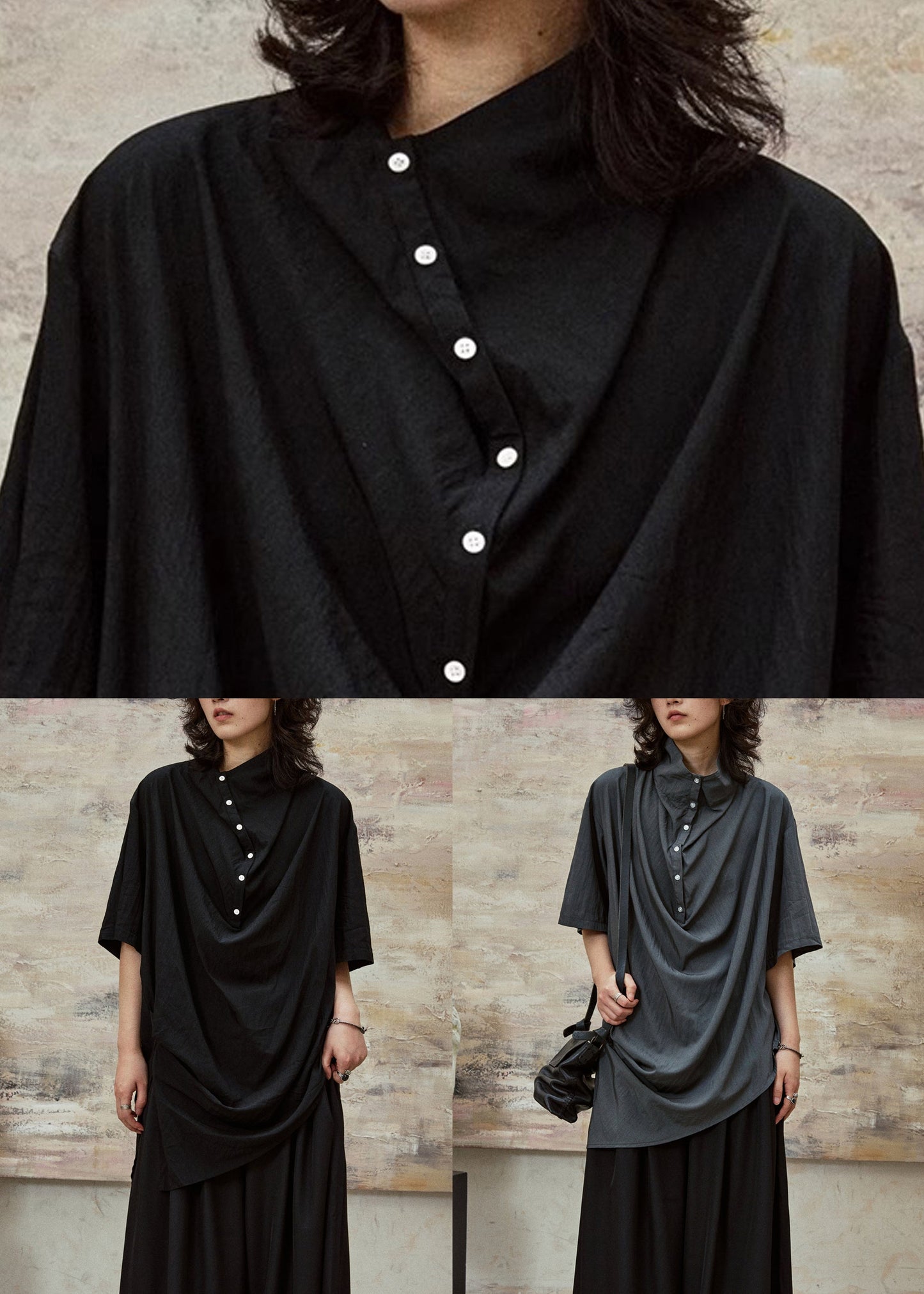 Black Stand Collar Button Cotton Blouses Half Sleeve