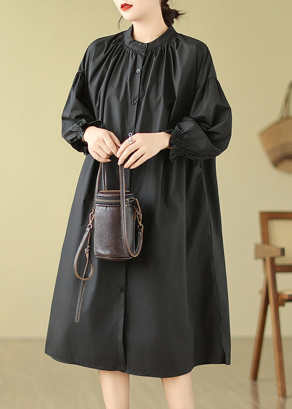Black Stand Collar Button Patchwork Cotton Shirts Dress Lantern Sleeve