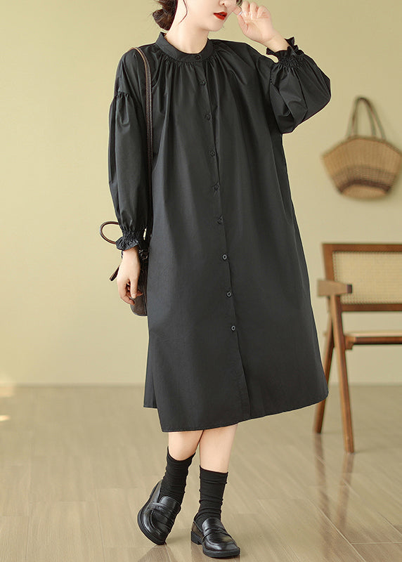 Black Stand Collar Button Patchwork Cotton Shirts Dress Lantern Sleeve