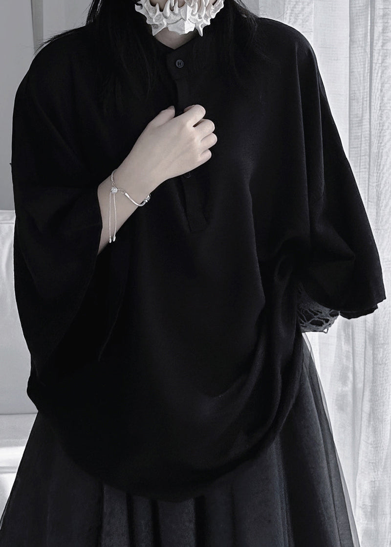 Black Stand Collar Button Shirt Long Sleeve