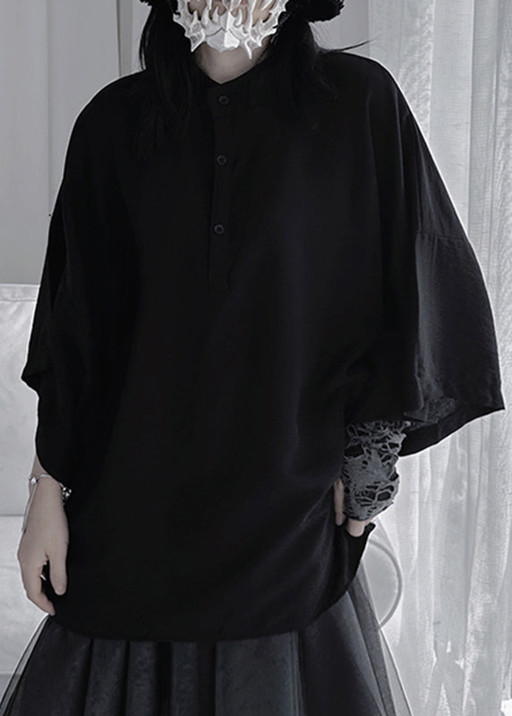 Black Stand Collar Button Shirt Long Sleeve