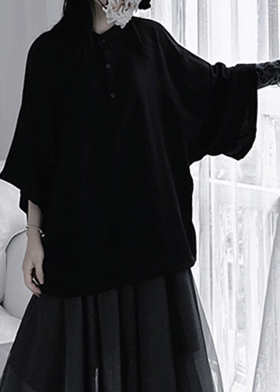 Black Stand Collar Button Shirt Long Sleeve