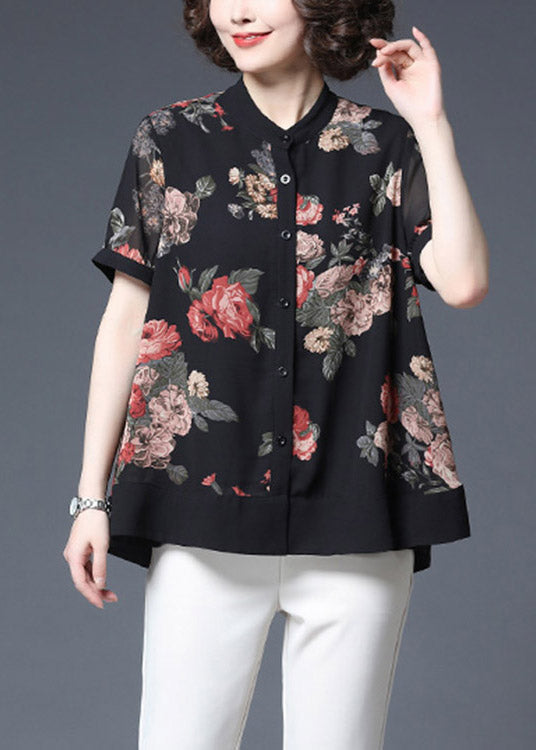 Black Stand Collar Button Wrinkled Print Chiffon Shirts Short Sleeve