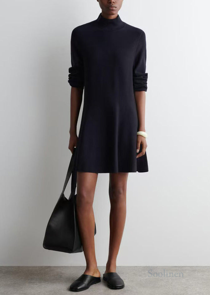 Black Stand Collar Knit Day a Line Dress Fall