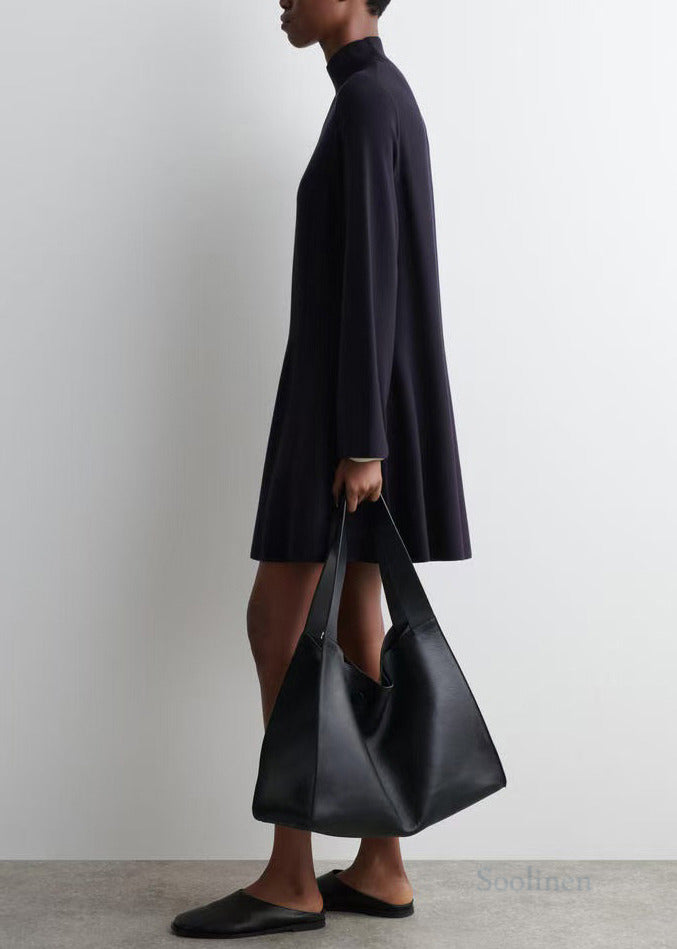 Black Stand Collar Knit Day a Line Dress Fall
