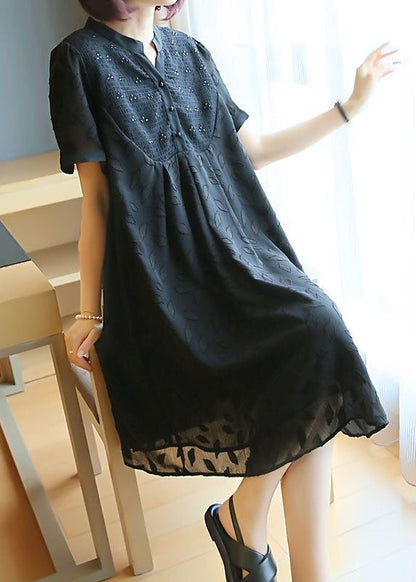 Black Stand Collar Patchwork Jacquard Chiffon Maxi Dresses Summer