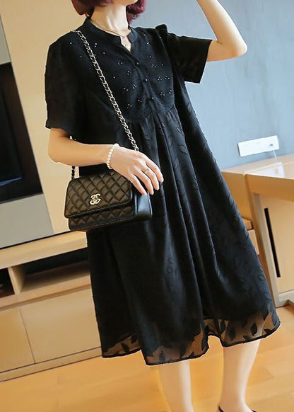 Black Stand Collar Patchwork Jacquard Chiffon Maxi Dresses Summer