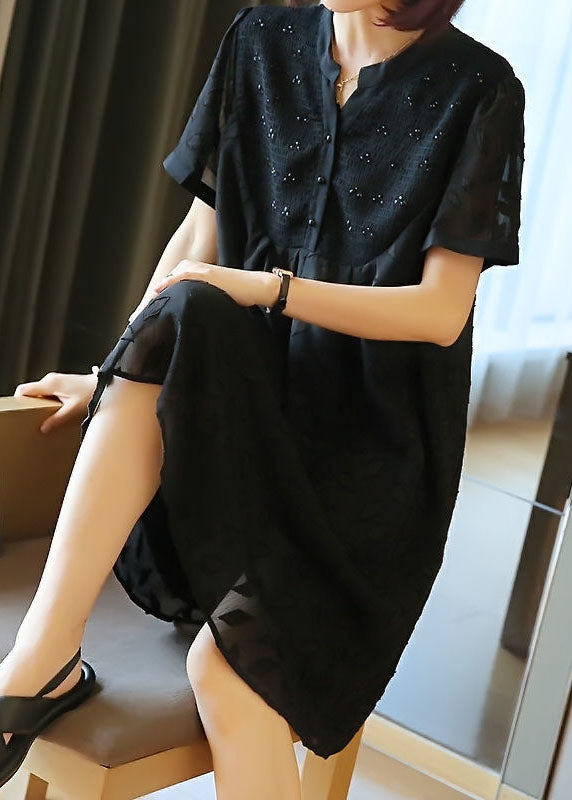 Black Stand Collar Patchwork Jacquard Chiffon Maxi Dresses Summer