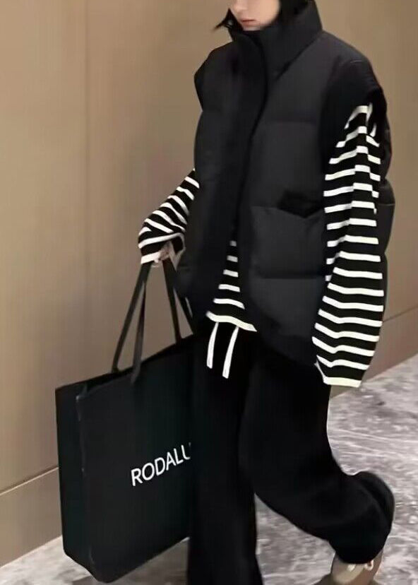 Black Stand Collar Pockets Duck Down Down Vest Winter