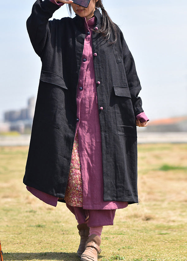 Black Stand Collar Pockets Linen Coat Spring
