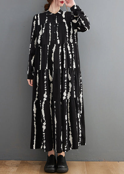 Black Stand Collar Print Button Maxi Shirts Dresses Fall