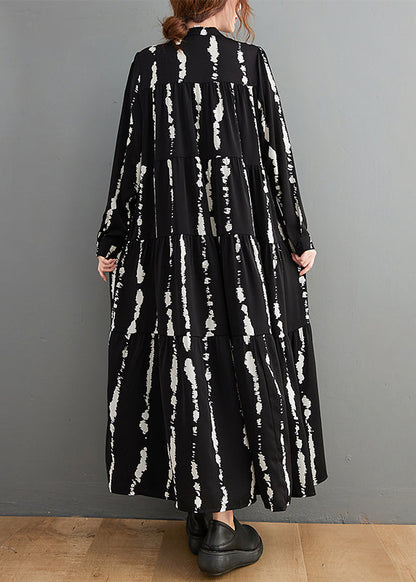 Black Stand Collar Print Button Maxi Shirts Dresses Fall