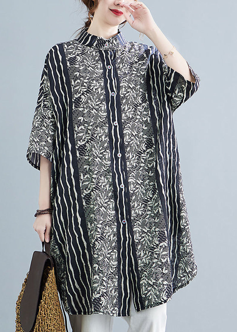 Black Stand Collar Print Linen Shirt Dress Summer