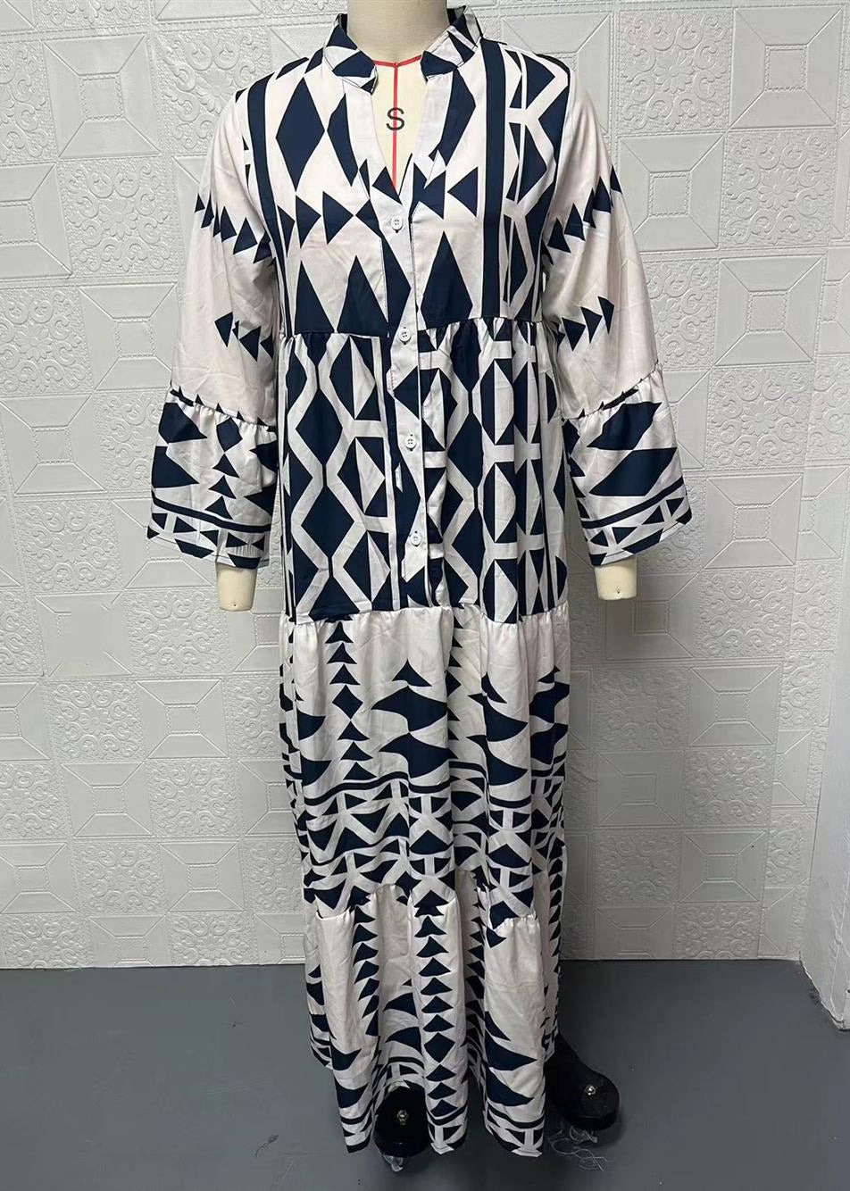 Black Stand Collar Print Long Shirts Dresses Spring