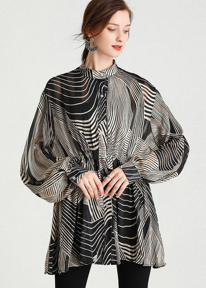 Plus Size Black Stand Collar Striped Chiffon Cinch Blouse Tops Long Sleeve