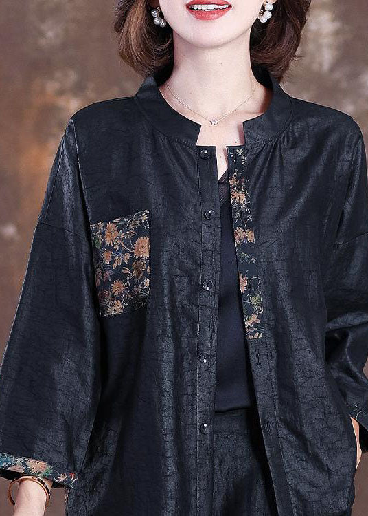 Black Stand Collar Wrinkled Patchwork Silk Coats Bracelet Sleeve