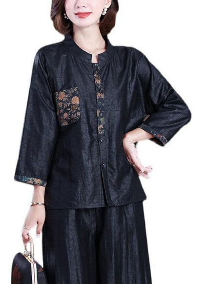 Black Stand Collar Wrinkled Patchwork Silk Coats Bracelet Sleeve