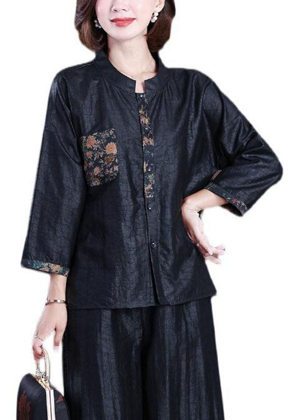 Black Stand Collar Wrinkled Patchwork Silk Coats Bracelet Sleeve