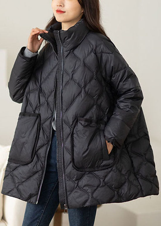 Black Stand Collar Zip Up Duck Down Puffers Jackets Winter