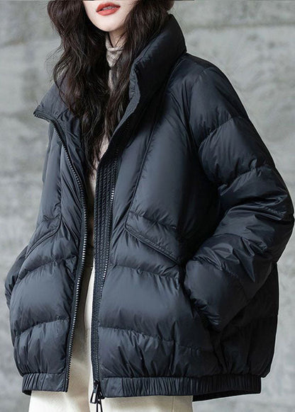 Black Stand Collar Zip Up Thick Duck Down Winter Coats