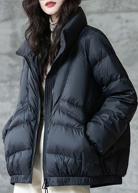 Black Stand Collar Zip Up Thick Duck Down Winter Coats