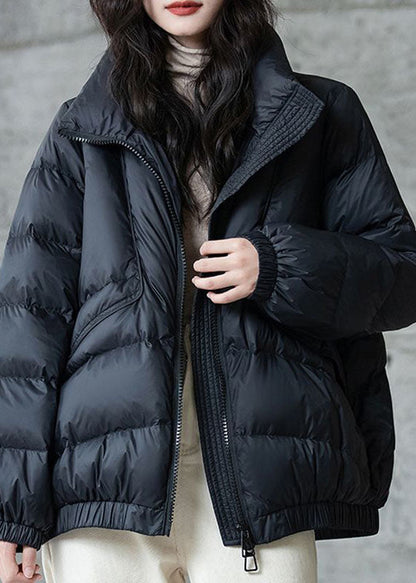 Black Stand Collar Zip Up Thick Duck Down Winter Coats