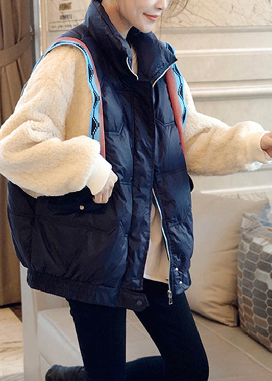 Black Stand Collar Zippered Faux Fur Patchwork Fake Two Pieces Down Coat Winter