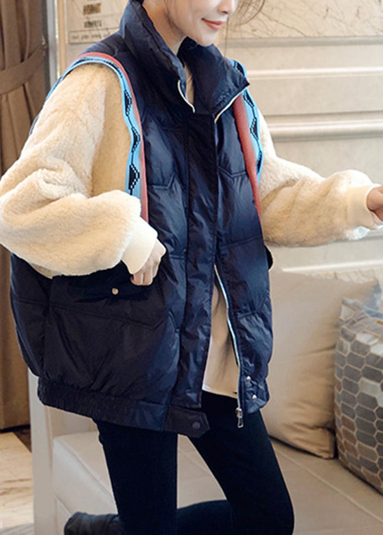 Black Stand Collar Zippered Faux Fur Patchwork Fake Two Pieces Down Coat Winter