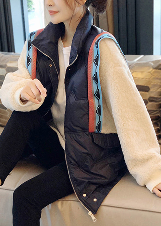 Black Stand Collar Zippered Faux Fur Patchwork Fake Two Pieces Down Coat Winter