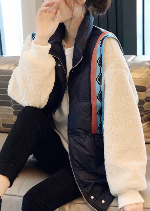 Black Stand Collar Zippered Faux Fur Patchwork Fake Two Pieces Down Coat Winter