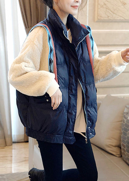 Black Stand Collar Zippered Faux Fur Patchwork Fake Two Pieces Down Coat Winter