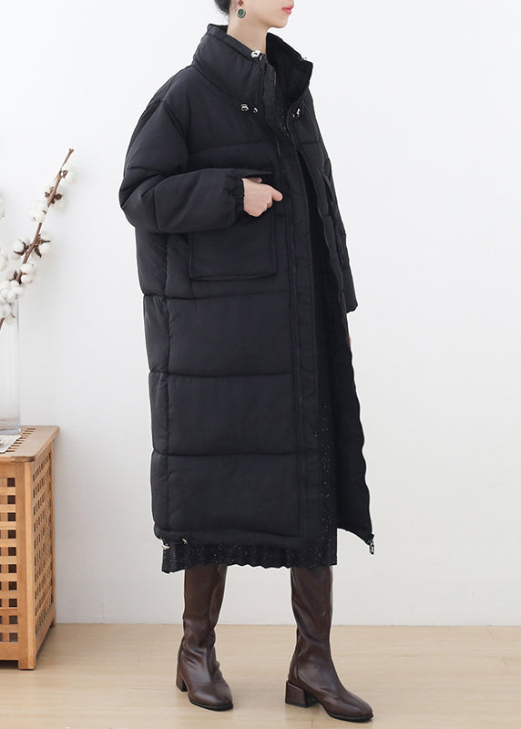 Black Stand Collar Zippered Thick Long Parka Winter
