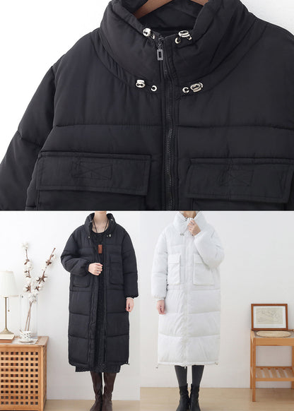 Black Stand Collar Zippered Thick Long Parka Winter