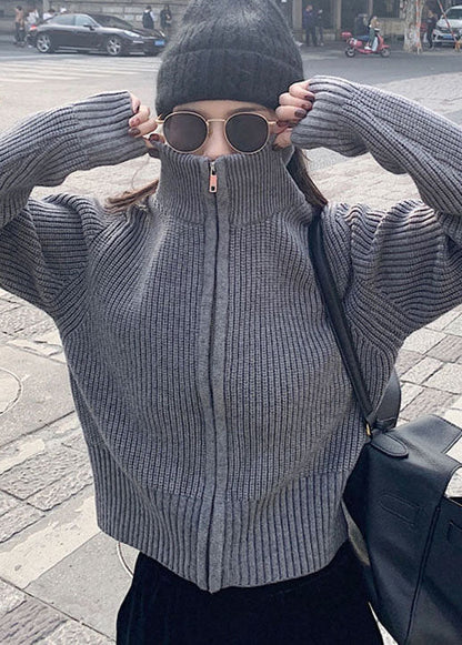 Black Stand Collar Zippered Cozy Fall Knit Coat