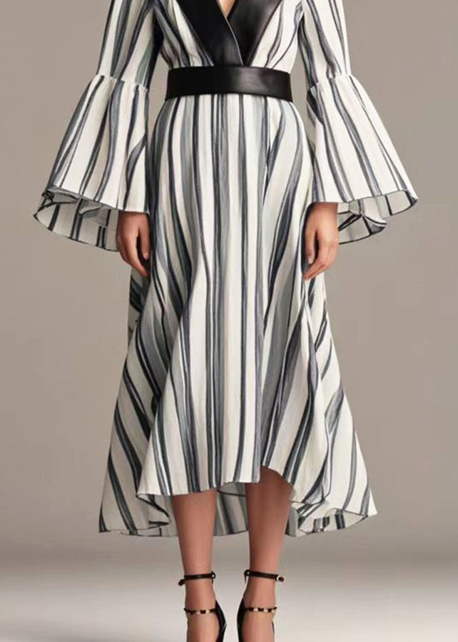 Black Striped Patchwork Cotton Cinched Dresses Flare Sleeve