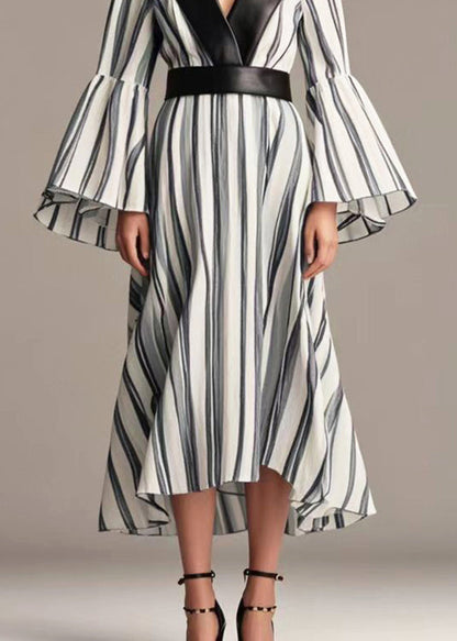 Black Striped Patchwork Cotton Cinched Dresses Flare Sleeve