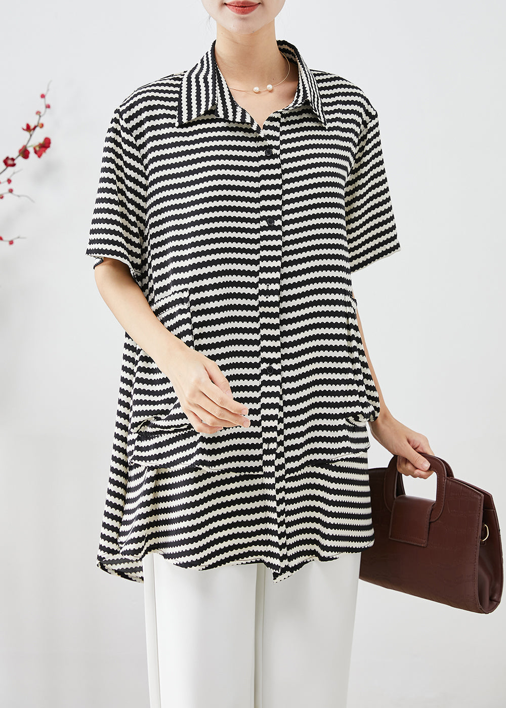 Black Striped Patchwork Pockets Chiffon Blouse Tops Summer