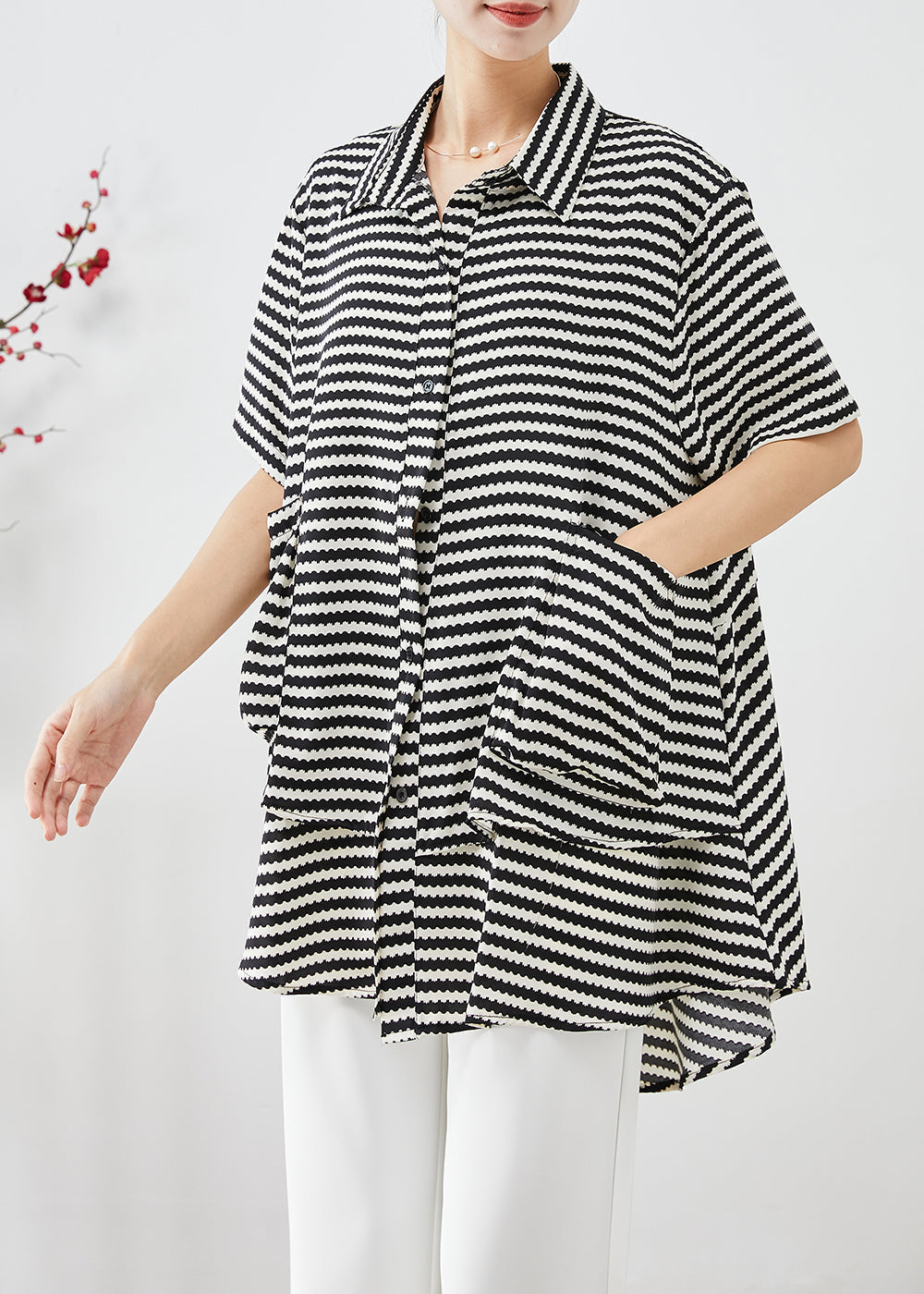 Black Striped Patchwork Pockets Chiffon Blouse Tops Summer