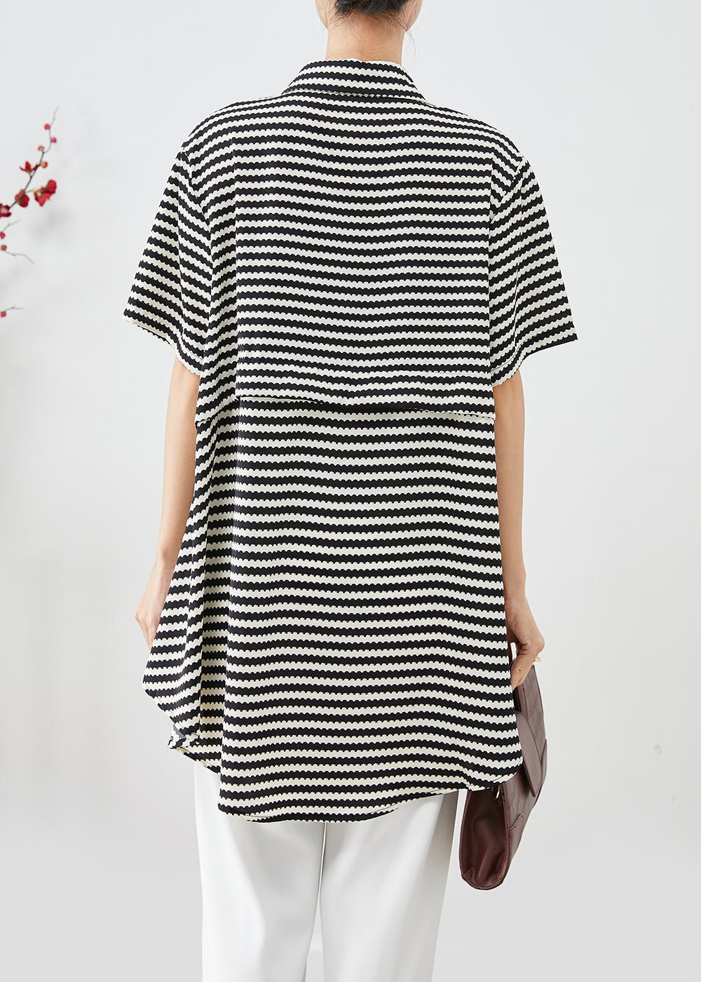 Black Striped Patchwork Pockets Chiffon Blouse Tops Summer