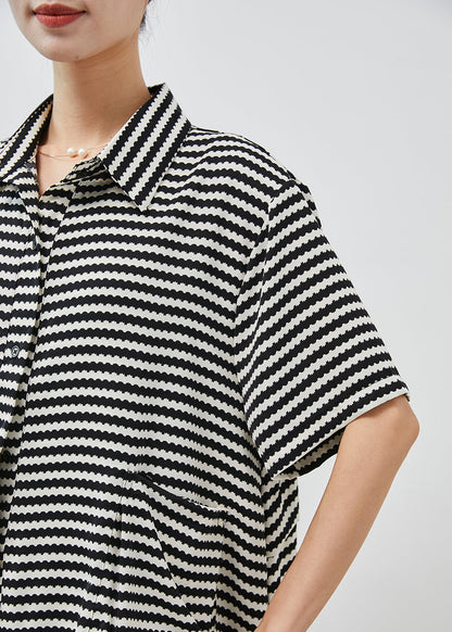 Black Striped Patchwork Pockets Chiffon Blouse Tops Summer