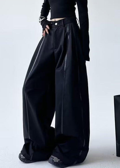 Black Striped Patchwork Pockets Lantern Pants Spring