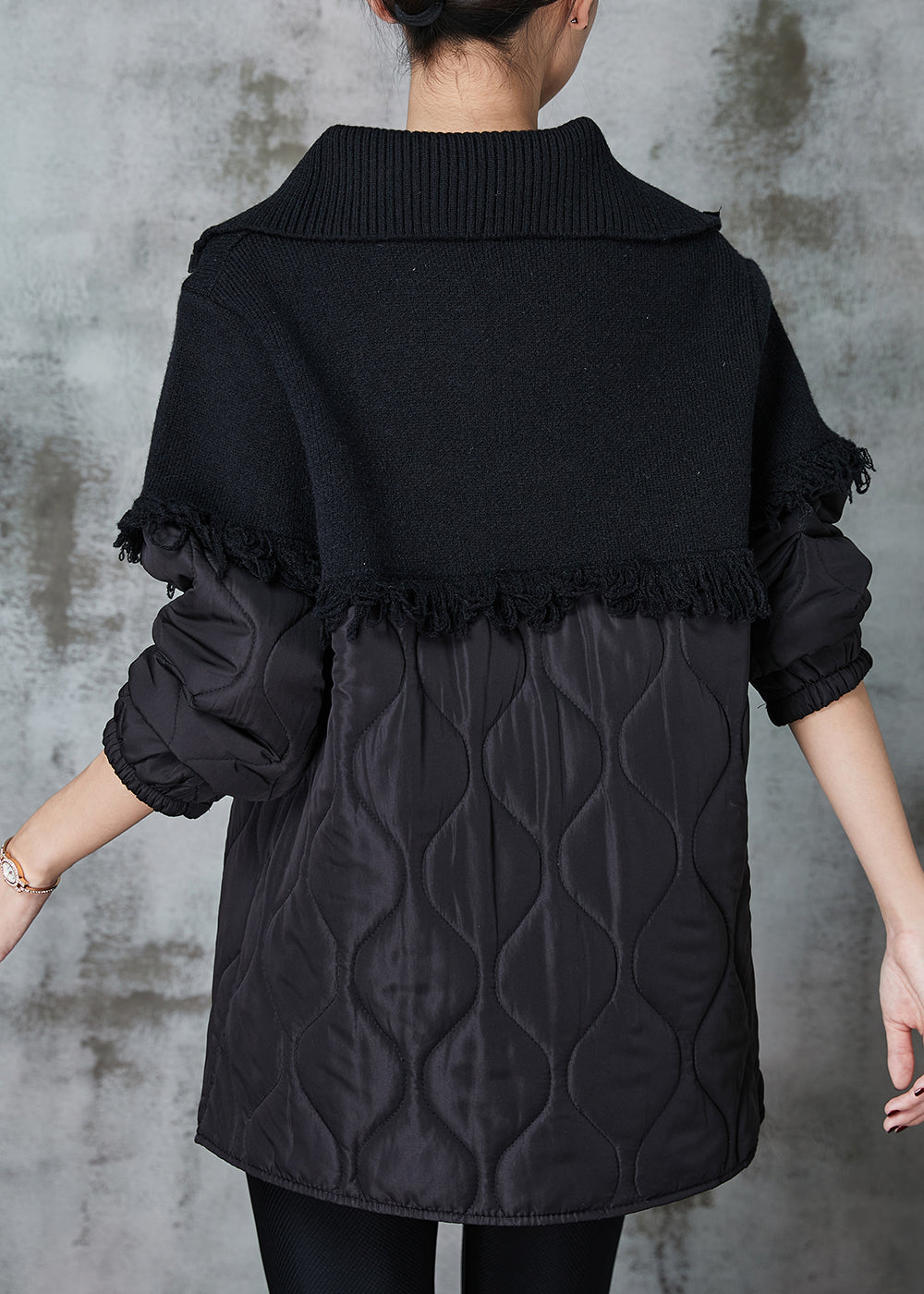 Plus Size Black Tasseled Patchwork Fine Cotton Filled Sweatshirts Tracksuits Winter