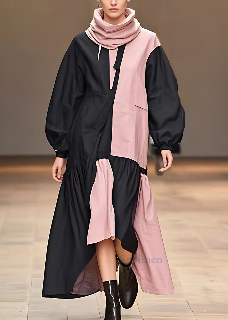Black Turtleneck Patchwork Cotton Dresses Fall