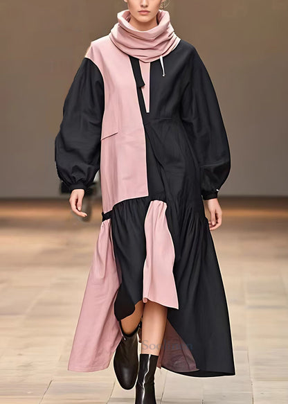 Black Turtleneck Patchwork Cotton Dresses Fall
