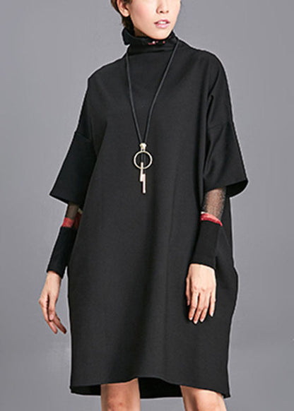 Black Turtleneck Pockets Fall Half Sleeve Maxi Dress