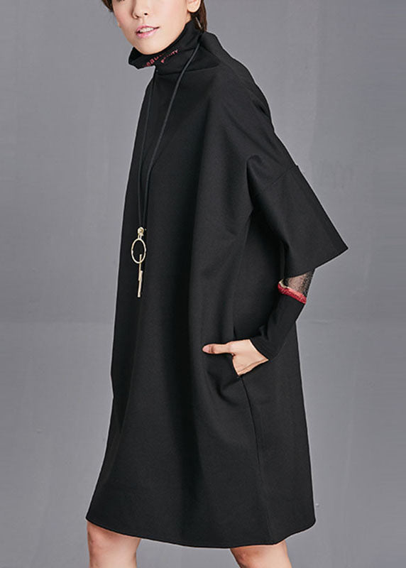 Black Turtleneck Pockets Fall Half Sleeve Maxi Dress